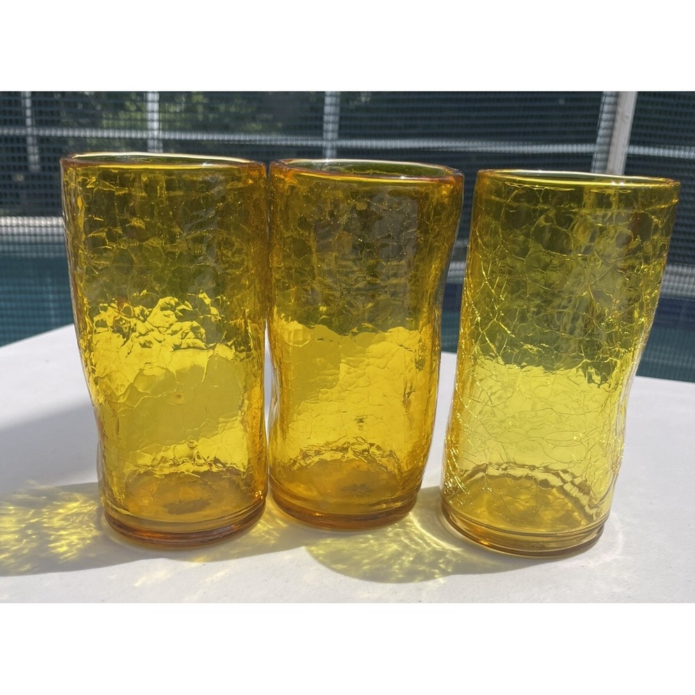 3 Vintage Never Used w/  Tags Kanawha Art Crackle Glass Yellow Drinking Cup Set